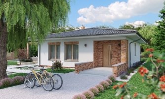Maison à 3 pièces sur un seul étage sans espaces de vie d'un côté. Peut être construite sur un terrain étroit.